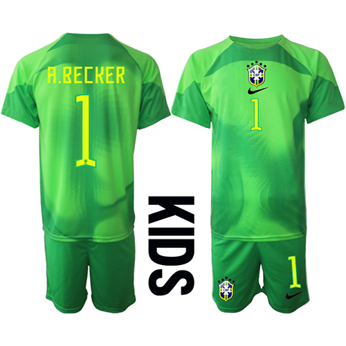 Dětský Fotbalový dres Brazílie Alisson Becker #1 Brankářské MS 2022 Venkovní Krátký Rukáv (+ trenýrky)
